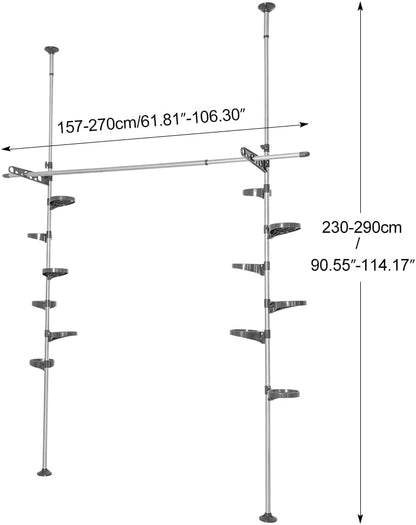 Uitbreidbare plantenstandaard – Plantenhouder – Plantenrek – Bloemenrek – Bloemendisplayrek – Zonder boren, vloer-tot-plafond klembevestiging – Verstelbaar in hoogte 175-290 cm, 12 trays, 2 armen en 1 hangstang