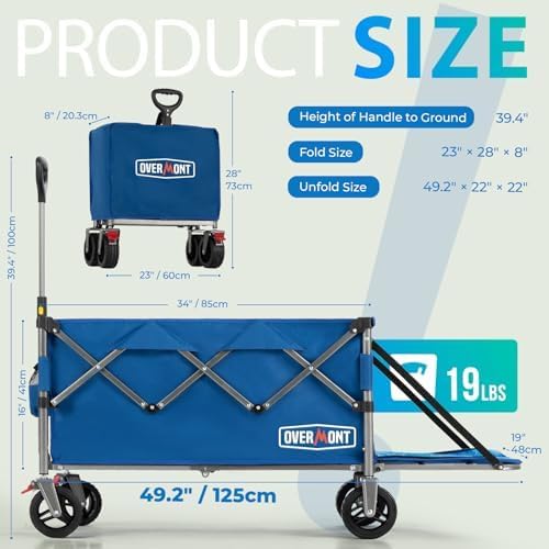 Overmont Inklapbare bolderkar met opvouwbare achterklep, alle terreinwielen, 200 l grote inhoud met zijzakken, bekerhouder, verstelbare handgreep, tot 120 kg draagkracht, blauw