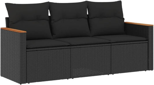 Garden Bench Set of 3 Polyrattan Garden Bench Cushion Black Polished Planed Garden Bench Indoor Outdoor Armchair Sofa Patio Bench - QUORE