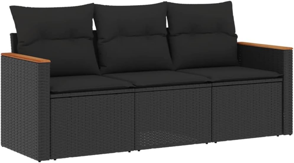 Garden Bench Set of 3 Polyrattan Garden Bench Cushion Black Polished Planed Garden Bench Indoor Outdoor Armchair Sofa Patio Bench - QUORE