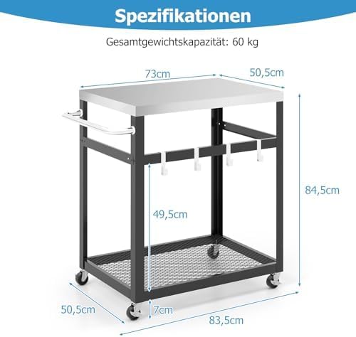 Grilltafel voor buiten, serveerwagen met 2 planken, 4 wielen, handvat en 4 haken, pizzatafel, bijzettafel, grillwagen voor achtertuin, terras (2 planken)