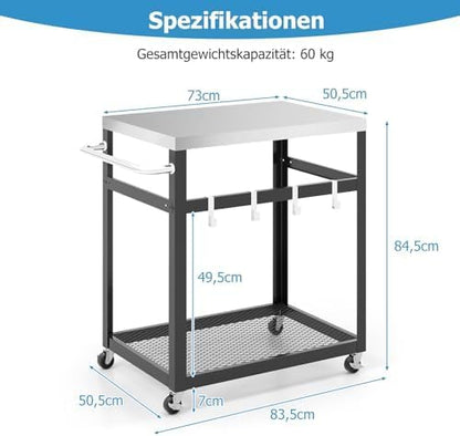 Grilltafel voor buiten, serveerwagen met 2 planken, 4 wielen, handvat en 4 haken, pizzatafel, bijzettafel, grillwagen voor achtertuin, terras (2 planken)