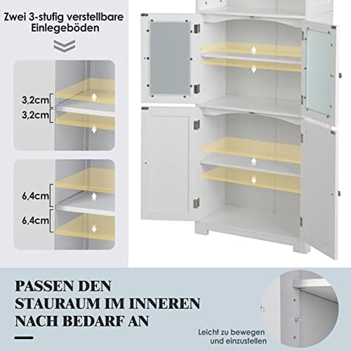 FANTASK Opbergkast met glazen deuren, 2 open vakken en verstelbare planken, hoge badkamerkast, badkamercommode