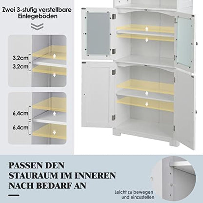 FANTASK Opbergkast met glazen deuren, 2 open vakken en verstelbare planken, hoge badkamerkast, badkamercommode