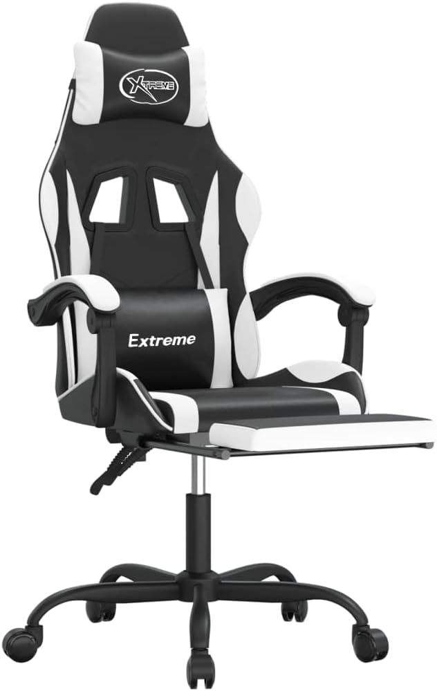 Gamingstoel – Gamestoel – Gaming Chair – Bureaustoel – Game Stoel – Draaibaar Met Voetensteun – Kunstleer Zwart/Wit – Verstelbare Rugleuning 135° – Comfortabel Schuimzitting