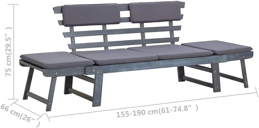 vidaXL Garden bench with cushions 2-in-1 190 cm solid acacia wood grey