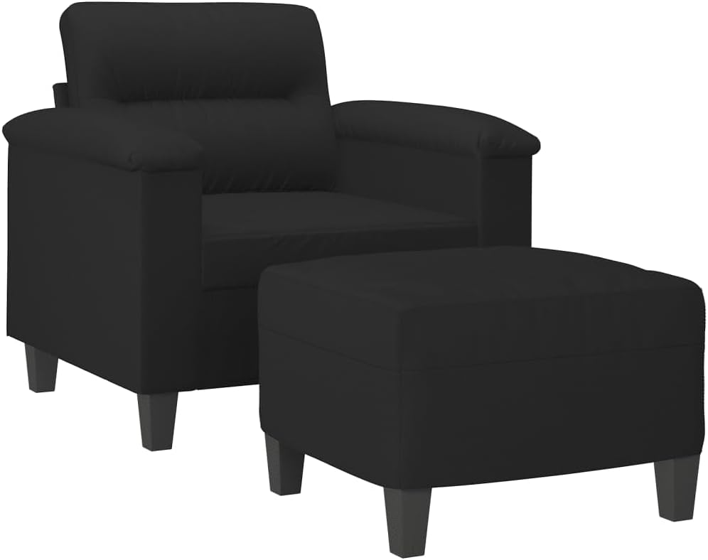 Fauteuil met Kruk – Loungestoel – Moderne Stoel – Armleuningstoel – Leesstoel – Zwart – Microvezelweefsel – Compact 60 cm – Comfortabel met Voetenbank