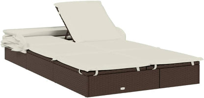 Foldable Double Sun Lounger Made of Poly Rattan with Adjustable Roof and Cushion, Weatherproof Material for Outdoors, Sturdy Steel Frame, Ideal - QUORE