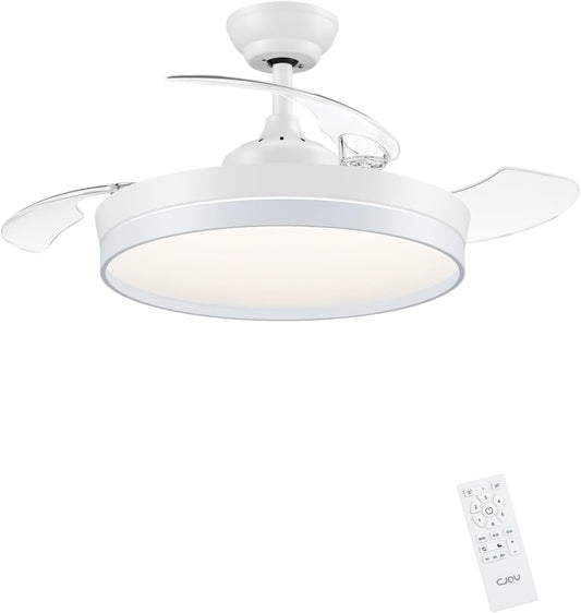 CJOY Plafondventilator met licht, 107 cm, plafondventilator met 3 intrekbare messen, plafondventilator, stil, omkeerbaar, zomer en winter, 6 snelheden, timing, 3 kleurtemperaturen