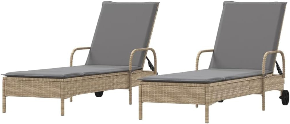 vidaXL Sun loungers 2 pcs with cushions poly rattan beige, garden chair, patio furniture, sunbed, garden furniture, deckchair, garden bed, sunbed garden, deckchair garden - QUORE