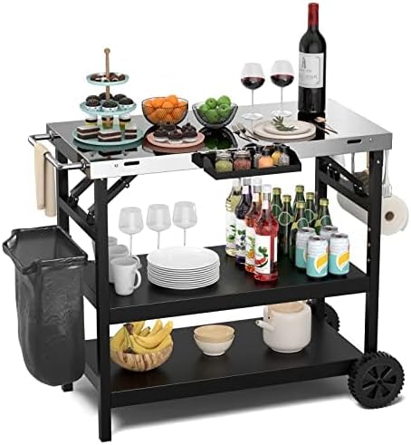 Grilltafel met 3 planken, grillwagen met verstelbare plank, telefoonstandaard, kruidenrek, handdoekhouder, zakdoekhouder en haken, outdoor serveerwagen bijzettafel