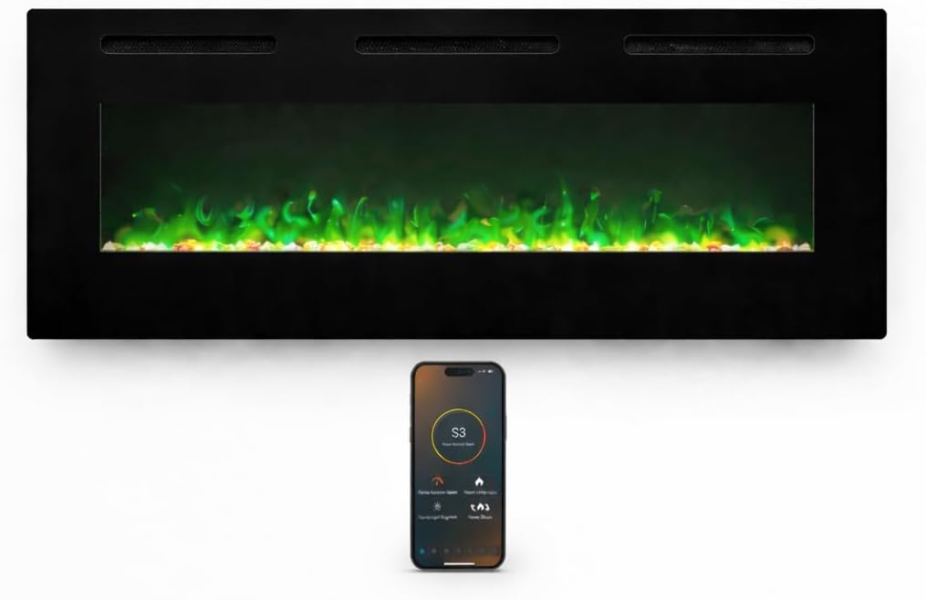 Draadloze elektrische open haard, 7,5 cm diep, gehard glas, afstandsbediening en touchscreen, verwarming 750/1500 W, verstelbaar vlameffect (107 cm App New)