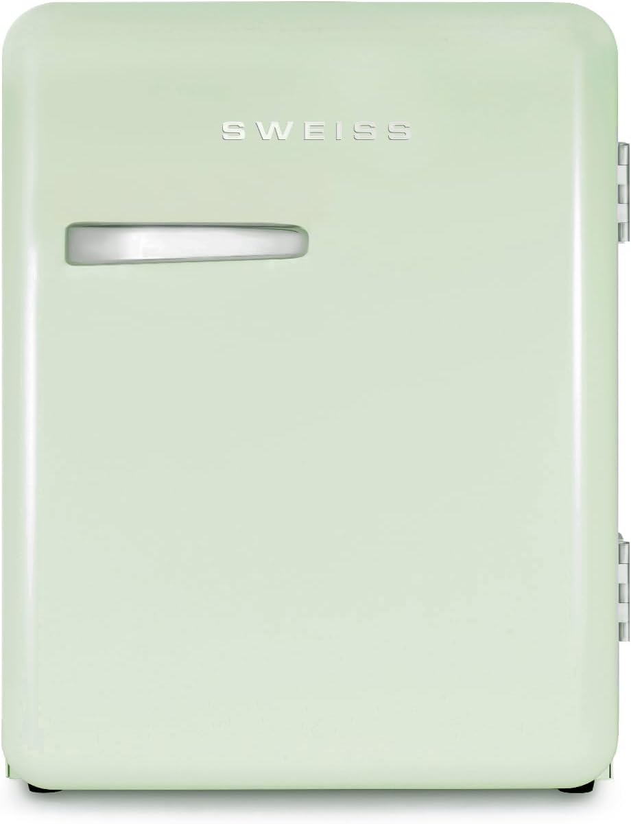 H.Koenig SWEISS Mini-koelkast, retrostijl, wit, vintage, 31 l, compact, voor levensmiddelen, dranken, cosmetica, temperatuur instelbaar 6°-15°C, 24dB, verstelbare poten, groen