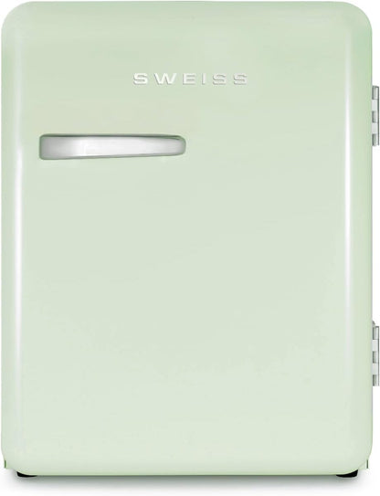 H.Koenig SWEISS Mini-koelkast, retrostijl, wit, vintage, 31 l, compact, voor levensmiddelen, dranken, cosmetica, temperatuur instelbaar 6°-15°C, 24dB, verstelbare poten, groen