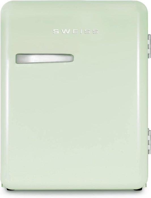 H.Koenig SWEISS Mini-koelkast, retrostijl, wit, vintage, 31 l, compact, voor levensmiddelen, dranken, cosmetica, temperatuur instelbaar 6°-15°C, 24dB, verstelbare poten, groen