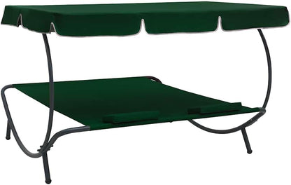 Zonnebad, ligbed voor buiten, met luifel en kussens, groen, relaxstoel, strandligstoel, relaxstoel voor tuin, terras, balkon, camping - QUORE