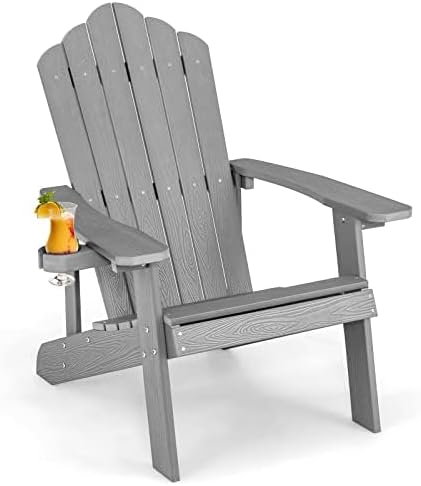 FANTASK Adirondack stoel met bekerhouder, weerbestendige tuinstoel, tuinstoel van kunststof, 170 kg draagvermogen, lichtgrijs