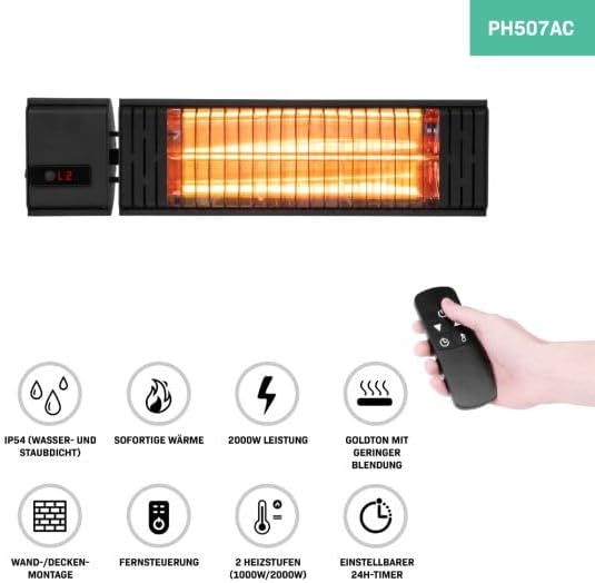 VONROC Heater Volsini PRO - Terrasverwarmer – 2000W – Sfeervol - Incl. instelbare warmteniveaus, timer, LCD-scherm en afstandsbediening