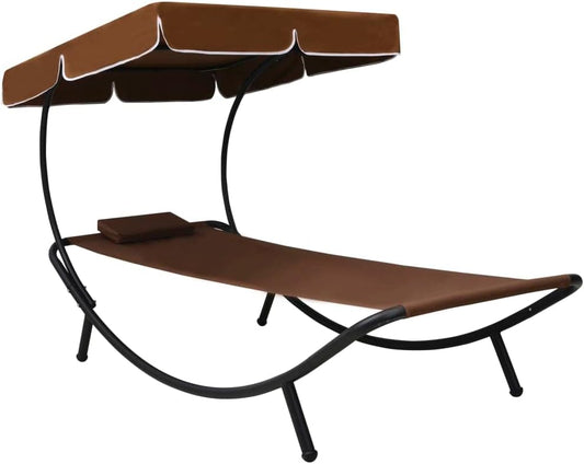Sunbath, Outdoor Lounger with Sun Canopy and Cushion, Brown, Reclining Chair, Beach Lounger, Relax Chair for Garden, Patio, Balcony, Camping - QUORE