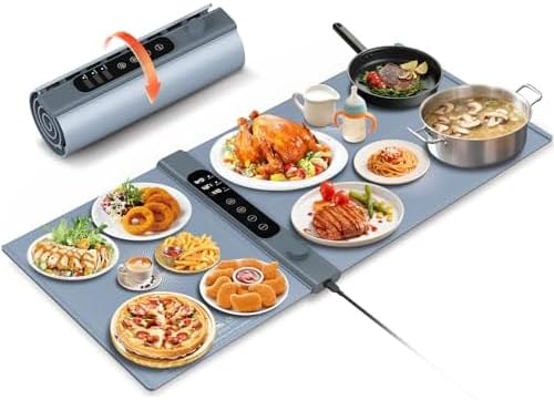Warmhoudplaat voor gerechten XXL, elektrische voedselverwarmer met 17 temperatuurstanden en 1-6 uur timer, siliconen oprolbare warmteplaat, eten en buffetwarmer voor feestbuffetten