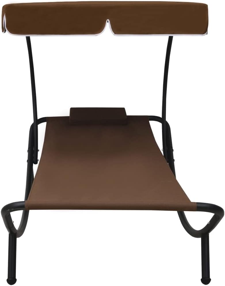 Sunbath, Outdoor Lounger with Sun Canopy and Cushion, Brown, Reclining Chair, Beach Lounger, Relax Chair for Garden, Patio, Balcony, Camping - QUORE