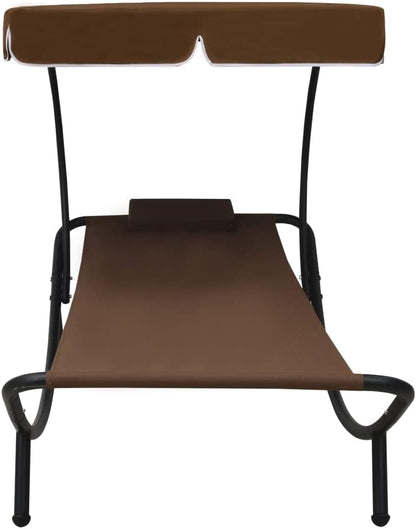 Sunbath, Outdoor Lounger with Sun Canopy and Cushion, Brown, Reclining Chair, Beach Lounger, Relax Chair for Garden, Patio, Balcony, Camping - QUORE