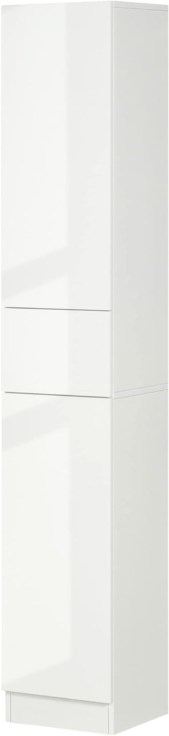 kleankin Bathroom Cabinet High Gloss Bathroom Cabinet with Drawer Storage Cabinet Multifunctional Cabinet with Print Opener Tilt Protection Chipboard White 30 x 28 x 170 cm - QUORE