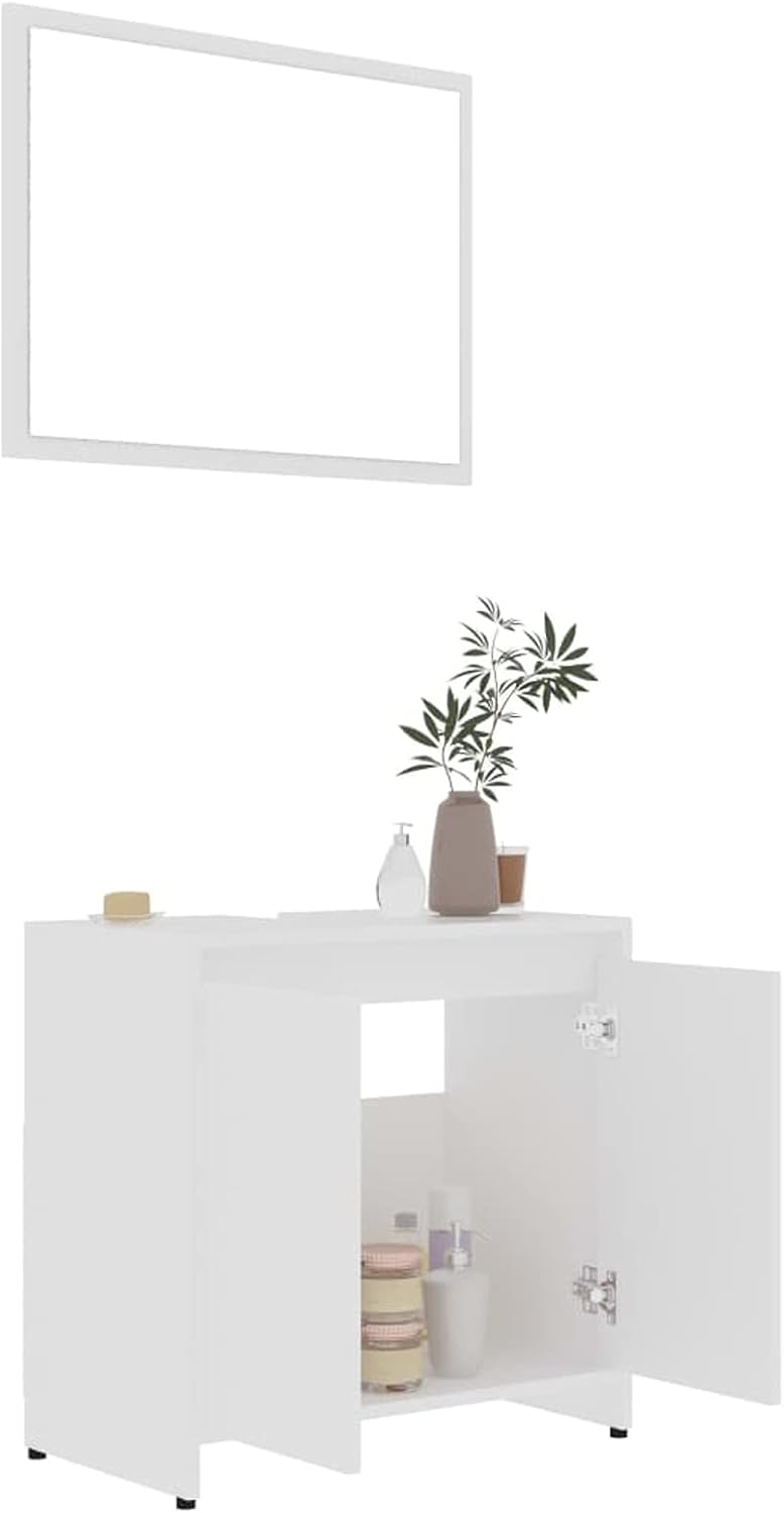 Gecheer 4 Piece Bathroom Furniture Set, Mirror Medium Cabinet Tall Cabinet Under Sink Cabinet, White Chipboard Bathroom Furniture Sets - QUORE