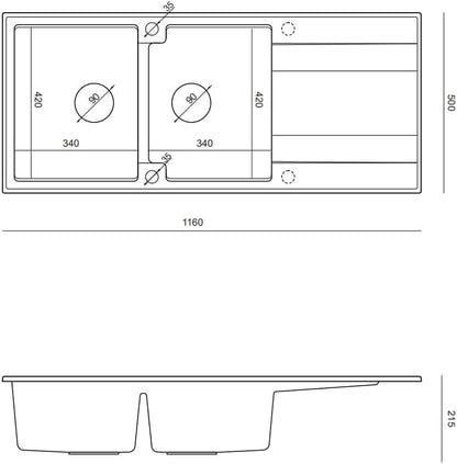 QUADRON Dubbele spoelbak wit, EVAN 121 GraniteQ, keukenspoelbak, 2 granieten bakken 1160 x 500 x 210 mm, open spoelbak Push 2 met sifon met afdruiprek, PVD-koperen elementen