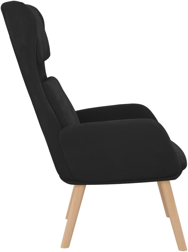 Zwarte Relaxstoel – Loungestoel – Fauteuil – Zitstoel – Comfortstoel – Zacht Fluweel – Metalen Frame & Houten Poten