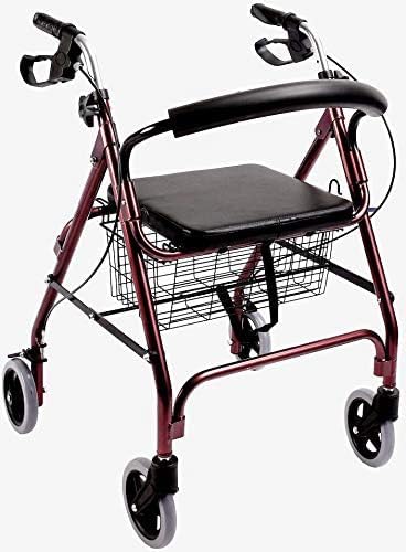 Rode opvouwbare aluminium rollator - wandelaar met 4 wielen voor senioren