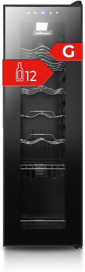 Nilson NVN1200S Wijnkast, 12 flessen, zwart, 44 dB, geluidsniveau, enkele temperatuurzone, digitaal display, led-binnenverlichting, glazen deur, opening, energie-efficiëntieklasse G