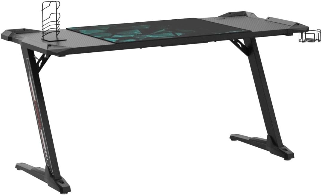 Eureka Ergonomic Gamingtafel, 153 × 60 cm, groot gamingbureau, tafel met ledverlichting, gamer, pc-tafel, desktop op koolstofvezel, gaming computertafel