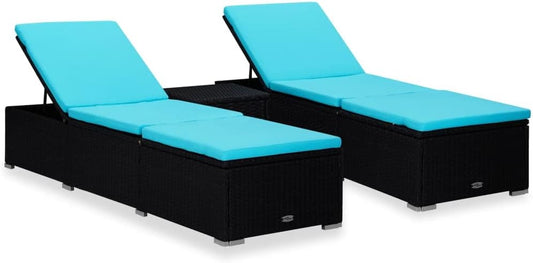 vidaXL 3-piece sunbed set with tea table poly rattan black