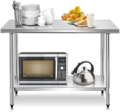 FANTASK Roestvrijstalen keukentafel, werktafel, roestvrijstalen tafel met in hoogte verstelbare plank, bereidingstafel, gastronetafel