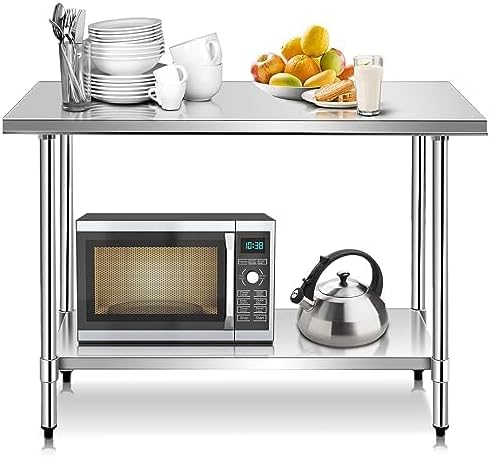 FANTASK Roestvrijstalen keukentafel, werktafel, roestvrijstalen tafel met in hoogte verstelbare plank, bereidingstafel, gastronetafel