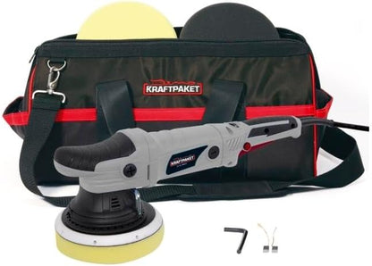 Dino KRAFTPAKET Excentrische polijstmachine, 21 mm - 720 W, traploos in set met polijstspons, polijstschijf, tas voor auto, boot, XXL-HUB