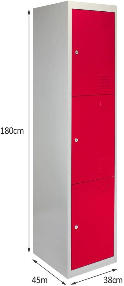 Monster Shop 3 x Red 3 Door Metal Storage Lockers, Blue & Grey Steel Lockable Unit, Gym Dressing Room School Staff Locker - QUORE