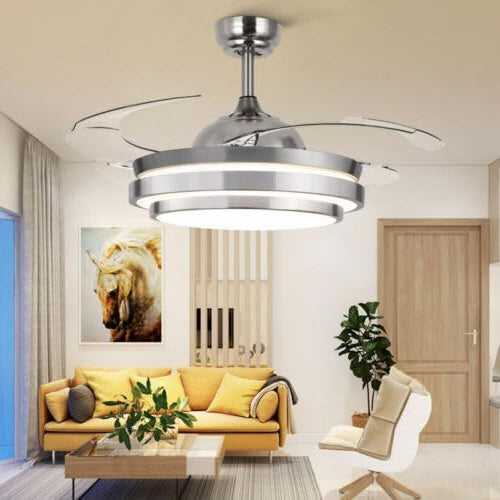 36 Inch 220V Ceiling Fan, Dimmable, Modern Smart Ceiling Light with LED Lights and Remote Control, Adjustable Wind Strength, Fan Lamp for Bedroom and Living Room, Silver - QUORE