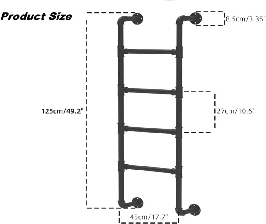 4-Treed Bunk Bed Ladder, 1.25×0.46m Muurmontage voor Kelderraam, Zwart Smeedijzeren Industrieel Pijp Stap Belasting 149.7kg, Binnen Buiten Metaal voor Zolder Loft Slaapzaal RV Dek Muur