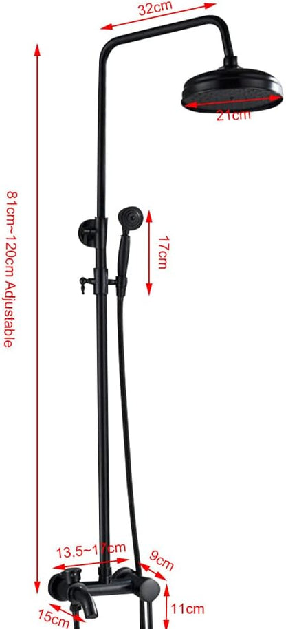 Rain Shower, Shower System, Shower Fixture, Rain Shower Set, Antique Nostalgia with Hand Shower, Wall Mounted Shower, Complete Stainless Steel, Massage Shower Panel, Retro, Round, Black - QUORE