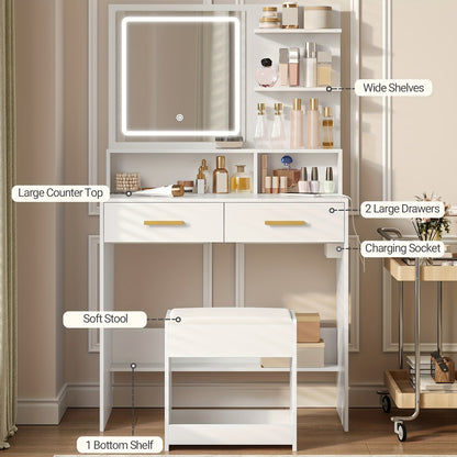 Make-up Tafel – Schminktisch – Beautytafel – Vanity Table – Make-up Bureau – Wit – Verstelbare LED-Verlichting – Stopcontacten & USB-Poorten