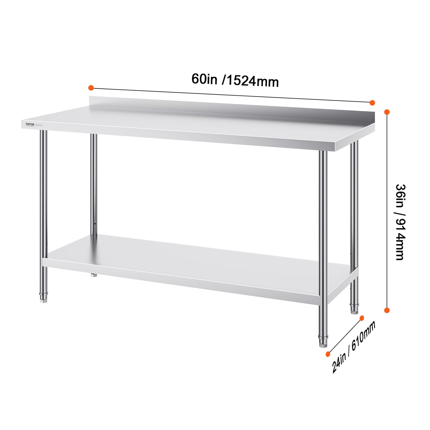 Werktafel RVS – RVS Tafel – Roestvrijstalen Werkbank – Keukentafel – Werkblad – 60 x 24 inch – 0,8 mm Dikte Roestvrij Staal – 3 Verstelbare Legplanken