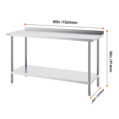 Werktafel RVS – RVS Tafel – Roestvrijstalen Werkbank – Keukentafel – Werkblad – 60 x 24 inch – 0,8 mm Dikte Roestvrij Staal – 3 Verstelbare Legplanken