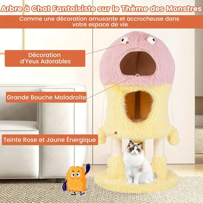 Krabpaal – Kattenboom – Kattenmeubel – Kattenhuis – Kattentoren – Speels Monsterdesign – 3 Niveaus Met Pluche Condos – Duurzame Sisal Krabpalen – Geel/Roze