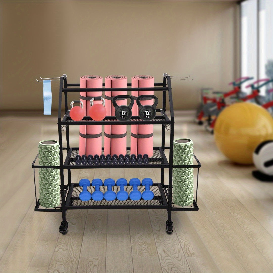 Goodslinesshop Ciounmb Gym Storage Rack Dumbbell Rack Multifunctional Dumbbell Stand Yoga Mat Shelf for Kettlebell, Dumbbells, Yoga Block, with Hooks and Lockable Wheels, Load Capacity 136kg [High-Quality Shop Now!], Fitness