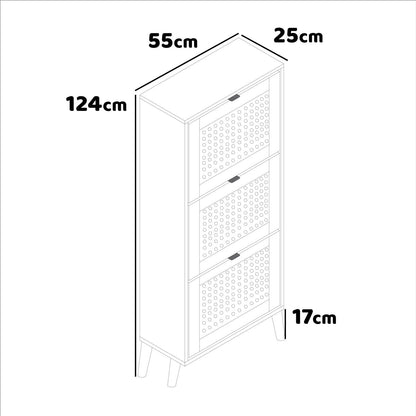 Schoenenkast – Schoenenrek – Schoenopberger – Schoenenmeubel – Schoenenhouder – 3-laags houten kast met rattan – Compact design 55x25x124 cm