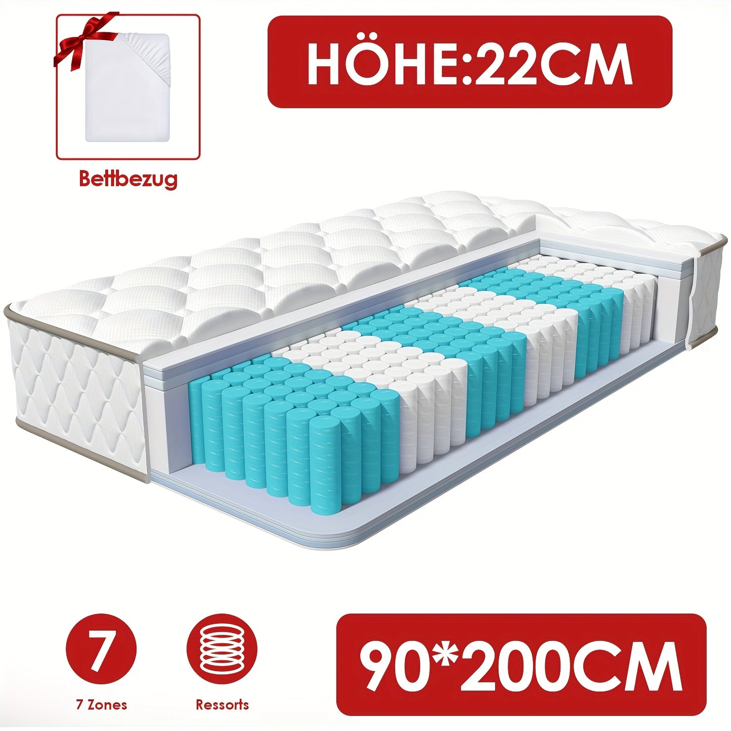 Gronfont Mattress 140x200/90x200 Cm, Premium Pocket Spring Mattress, Ergonomic 7-zone Mattress, Height 22cm, Firmness Grade H3, Spring Mattress With Fitted Sheet, Mattress For Adults