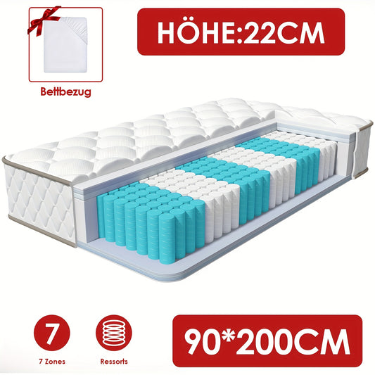 Gronfont Mattress 140x200/90x200 Cm, Premium Pocket Spring Mattress, Ergonomic 7-zone Mattress, Height 22cm, Firmness Grade H3, Spring Mattress With Fitted Sheet, Mattress For Adults