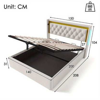 Tweepersoonsbed – Ledikant – Bedframe – Slaapbed – Opbergbed – Met Matras 140x200 cm – Wit Bekleed Frame – Met Opbergruimte Hoofdbord – Voorgeassembleerd – Zonder Stroomvoorziening